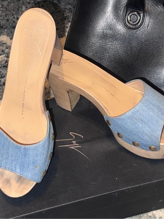Giuseppe Zanotti Shoes - Giuseppe Zanotti Light Blue Denim Studded Wood-Heel Mules chipped by the front